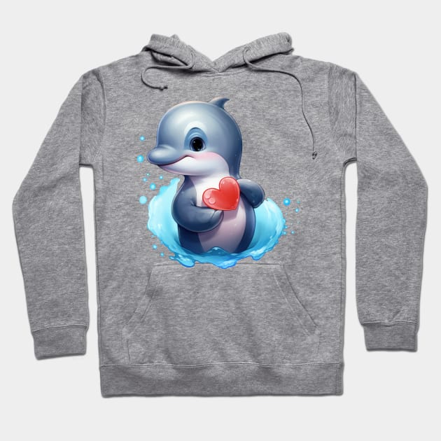 Valentine Dolphin Holding Heart Hoodie by Chromatic Fusion Studio